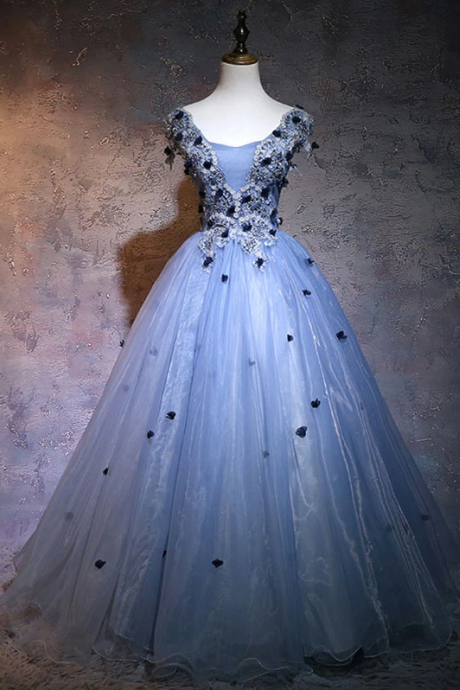 Unique blue lace applique cover sleeves long prom dress, sweet 16 dress,PL1597