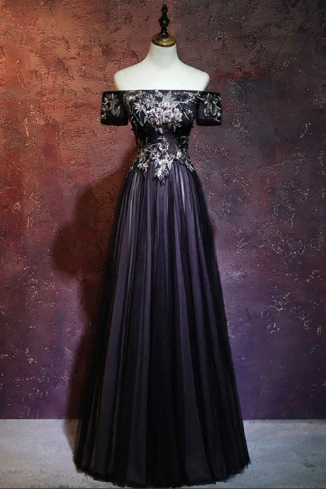 Black Tulle Lace Applique Long Prom Dress, Black Evening Dress,pl1598