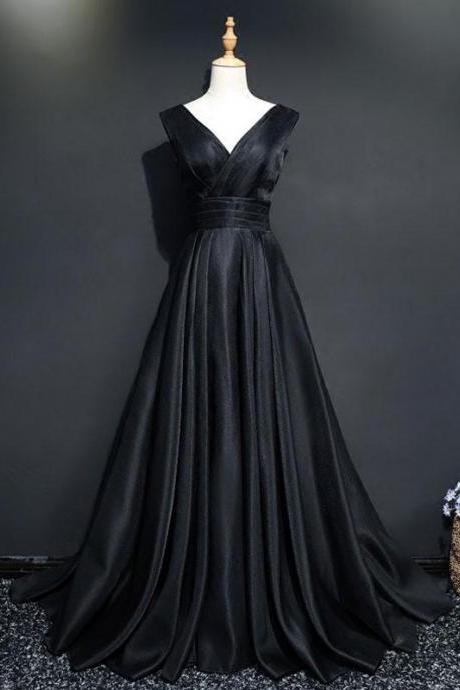 Simple Black V Neck Long Prom Dress, Black Evening Dress,pl1602