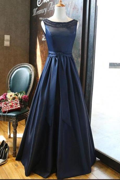 Dark Blue Satin Beading Long Prom Dress, Dark Blue Evening Dress,pl1604