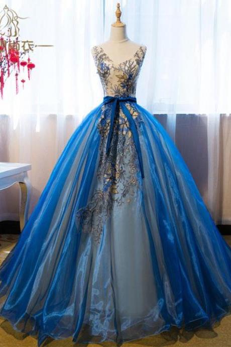 Royal Blue V Neck Lace Applique Long Prom Dress, Blue Evening Dress,pl1607