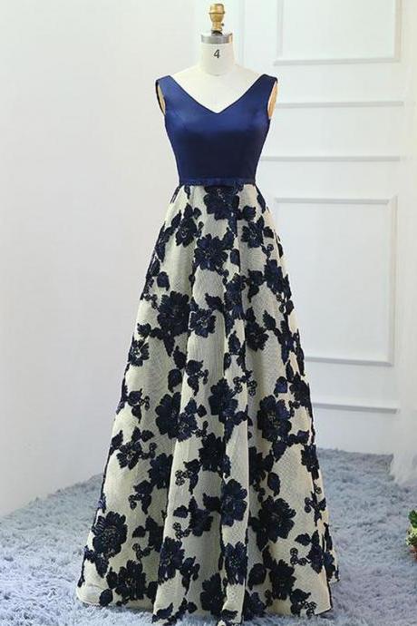 Stylish dark blue A-line v neck long prom dress, dark blue evening dress,PL1610