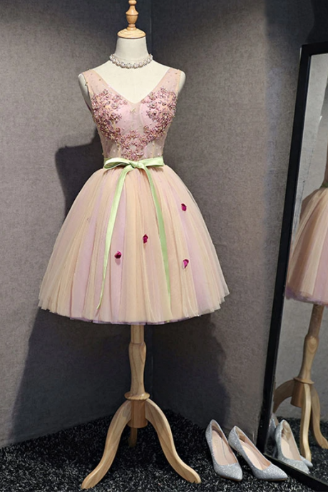 High Quality Pink V Neck Tulle Short Prom Dress, Homecoming Dress,pl1618