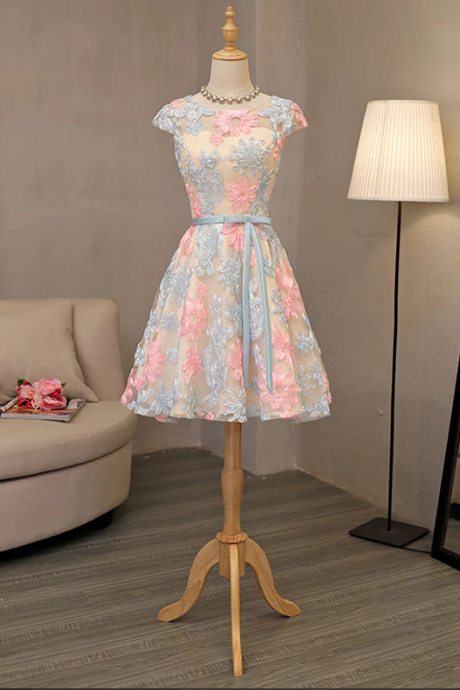 Cute 3D lace short prom dress, lace homecoming dress,PL1619