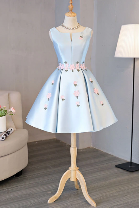 Blue Satin Applique Short Prom Dress, Blue Homecoming Dress,pl1620