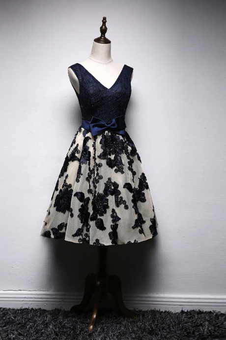 Dark blue lace v neck short prom dress, homecoming dress,PL1627