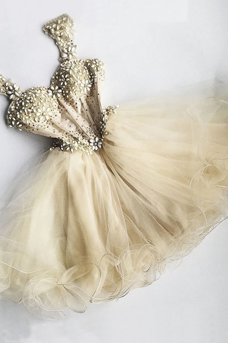 Champagne Tulle Beading Short Prom Dress, Champagne Evening Dress,pl1631