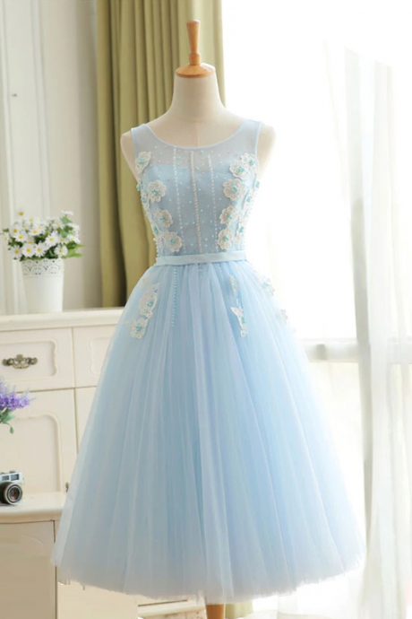 Cute sky blue lace tulle short prom dress, homecoming dress,PL1635