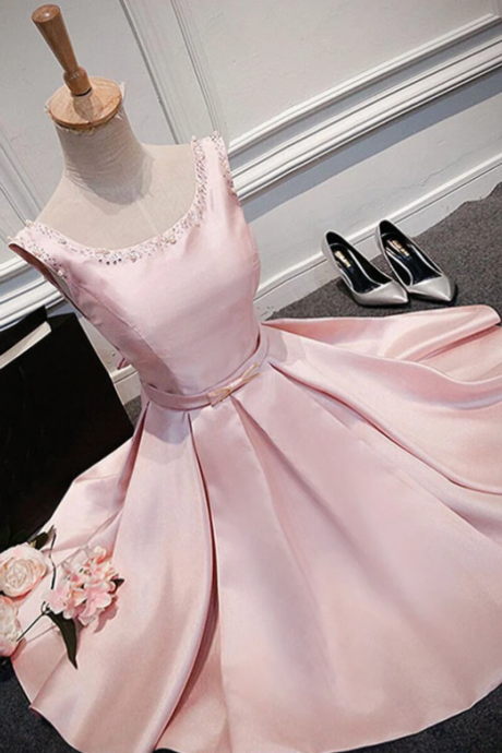 Pink Round Neck Satin Short Prom Dress, Pink Evening Dress,pl1638
