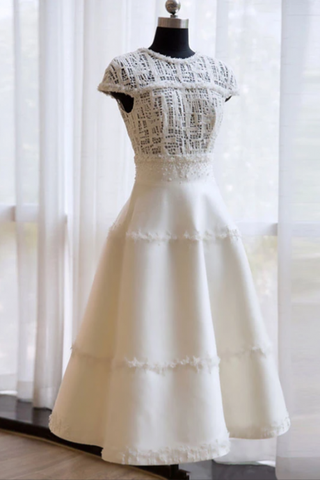 Unique white lace short pro dress, evening dress,PL1643
