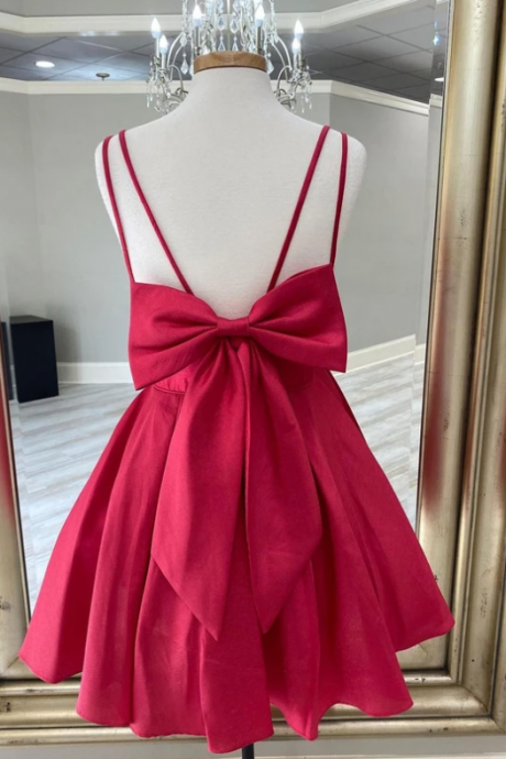 Simple Satin Spaghetti Straps Backless Bowknot A-line Homecoming Dresses,pl1658