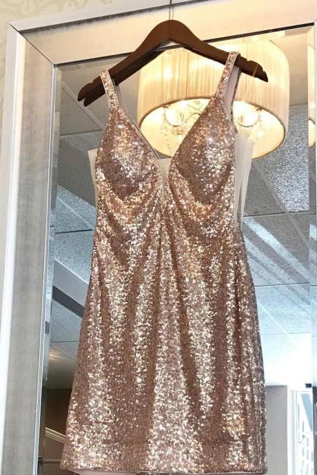 Tight Rose Gold Sequined Mini Party Dress ,pl1671