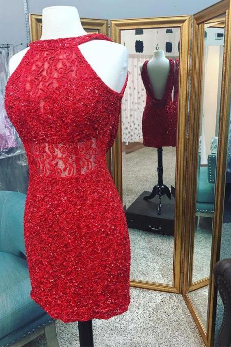 Tight Red Homecoming Dress With Cowl Back ,pl1676
