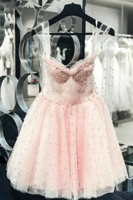 Pink Pearls Homecoming Dresses Illusion Bodice Tulle Short Sweet 16 Dresses,pl1682