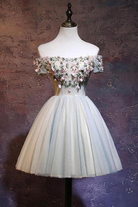 3d Flowers Off The Shoulder Short Sleeves Homecoming Dresses Short Prom Dress Party Gowns ,pl1685