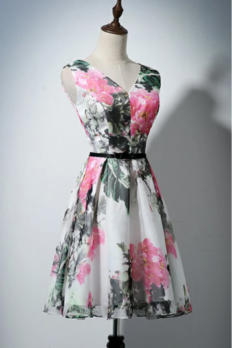 V Neck Flowers Printed Fabric Short Prom Dress Homecoming Dresses For Party ,pl1691