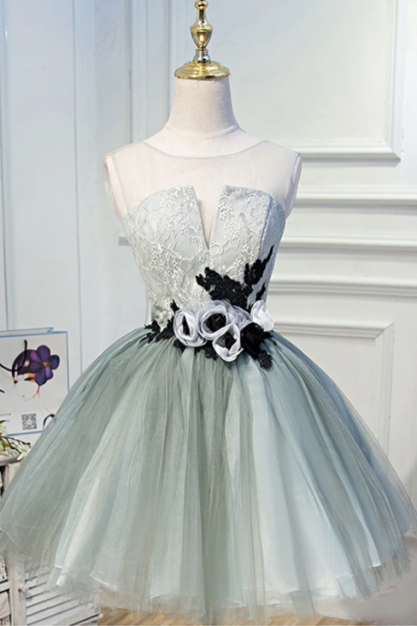 Ball Gown Homecoming Dresses See Through Lace Hand Flowers Short Prom Dress Party ,pl1696