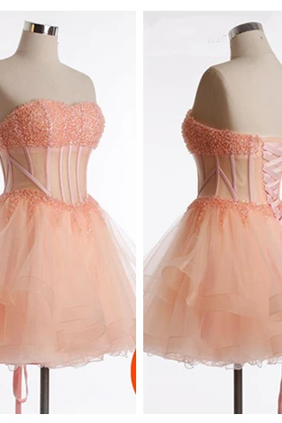 Blush Pink Cute Beading Tulle Homecoming Dress,PL1699