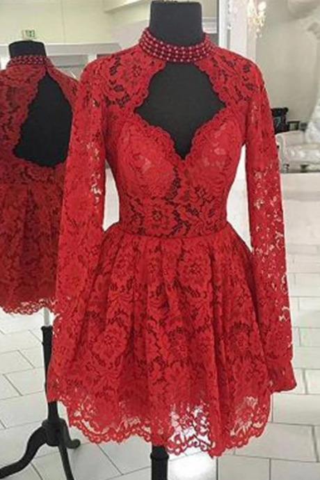 Lace Red Chic Long-sleeves A-line Homecoming Dresses,pl1704