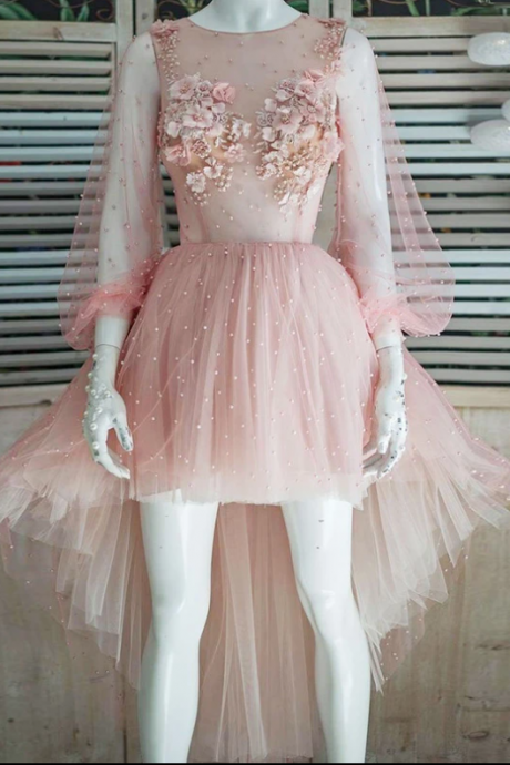 Pink Long Sleeve Homecoming Dress Party Asymmetrical Custome Homecoming Dress,pl1709