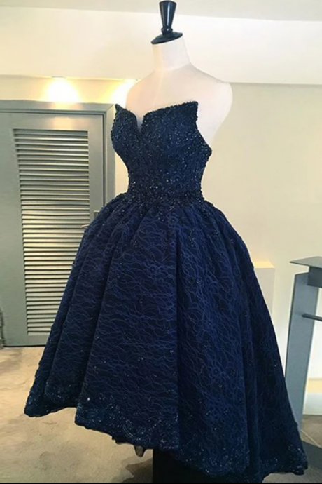 Lace Prom Dress Beading Sweetheart Asymmetrical Dark Navy Prom Dress/evening Dress,pl1729