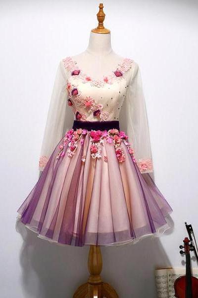 A-line V-neck Tulle Homecoming Dress Short Prom Drsess ,pl1734