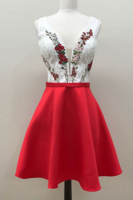 Fashion A-line, V-neck Sleeveless ,short Homecoming Dress With Lace Embroidery ,pl1736