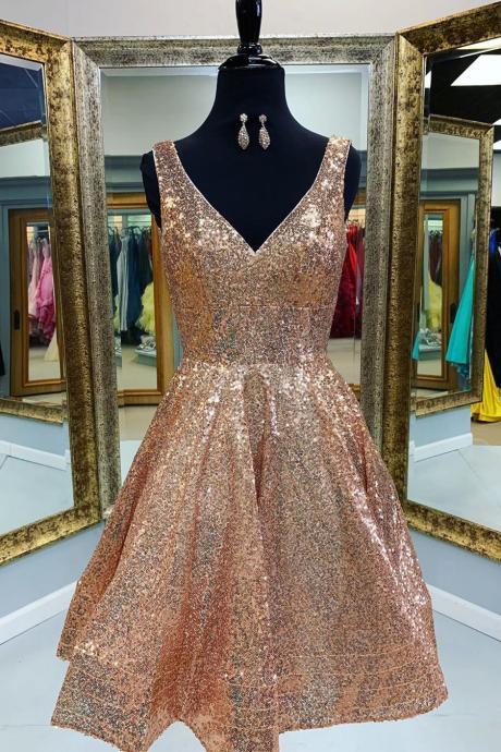 V-neck Tiered Gold Short Sequins Homecoming Dress,pl1755
