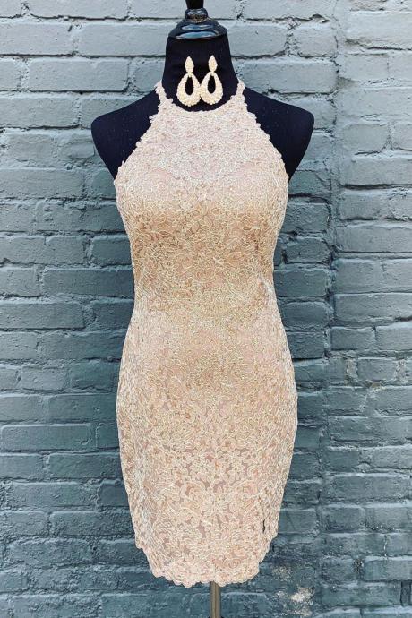 All Over Lace Knee Length Beige Homecoming Dress,PL1757