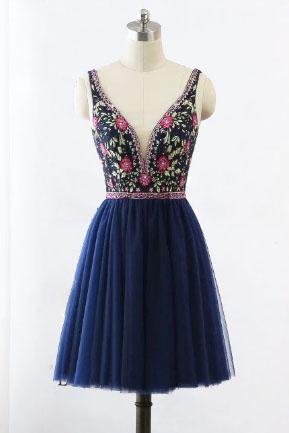 V-neck Floral Embroidery Navy Blue Short Homecoming Dress,pl1758