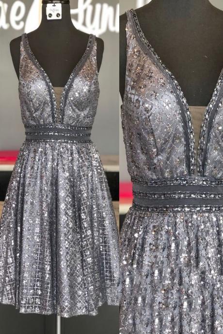 Sparkling Sequined V-neck Silver Homecoming Dress,pl1759