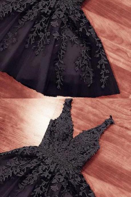 Short Black Lace Embroidery V Neck Homecoming Party Dress For Girls,pl1785