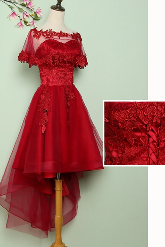 Wine Red Lace Tulle High Low Lace Formal Homecoming Dresses,pl1792