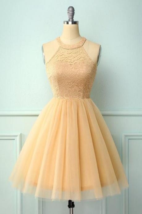 Halter Lace Champagne Homecoming Dress,pl1793