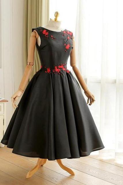 Homecoming Dresses Black Vintage Style Tea Length Wedding Party Dress,pl1798