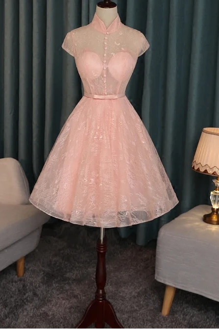 Pink Lace High Neckline Short Homecoming Dress, Lace Lovely Formal Dresses ,pl1817