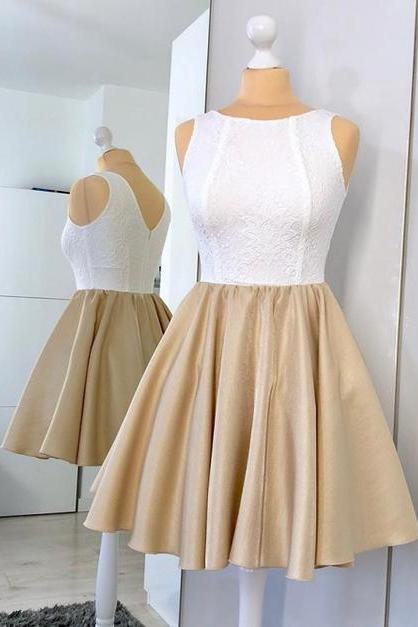 A-line Round Neck Light Champagne Short Homecoming Dress With Lace ,pl1857