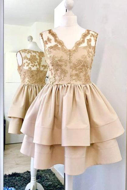 A-line V-neck Champagne Satin Short Homecoming Dress With Lace,pl1858