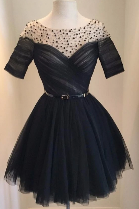 Short Cocktail Dress,black Beaded Tulle Homecoming Gown ,pl1863