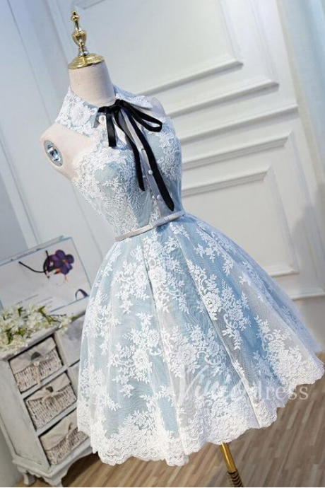 Collar Neck Light Blue Lace Homecoming Dresses ,pl1871