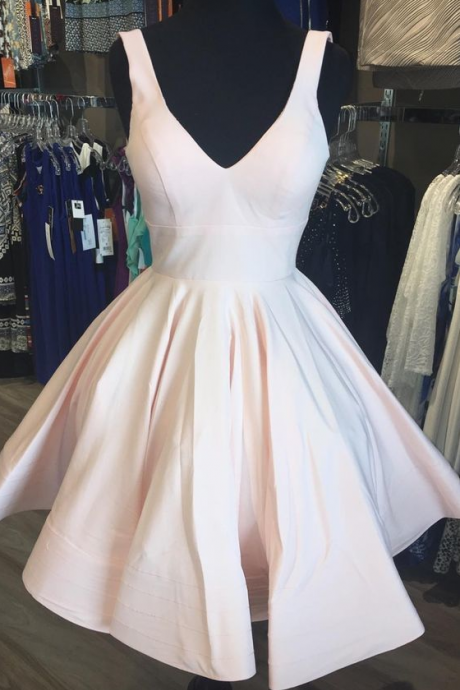 V Neck Short Light Pink Party Dress Homecoming Dress ,pl1876