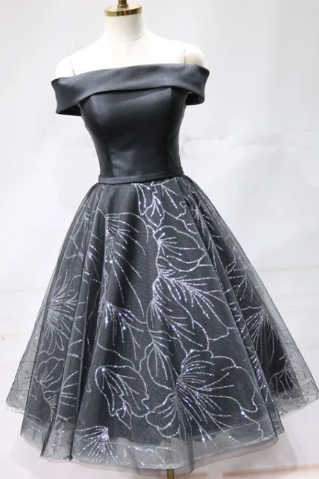 Black Satin Short Tulle Off Shoulder Party Dress, Homecoming Dress ,pl1884