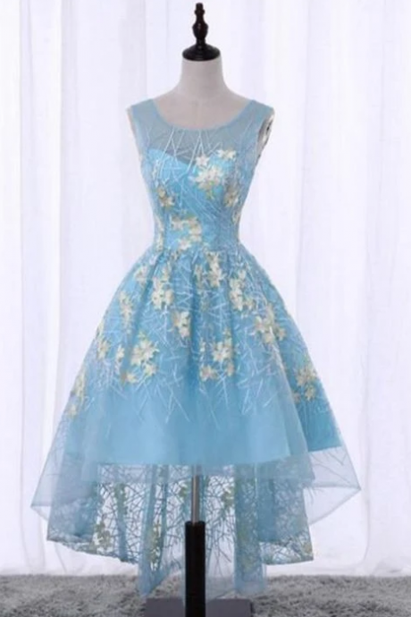 Spring Blue Lace Scoop Neck High Low Homecoming Dress With Appliques,pl1888