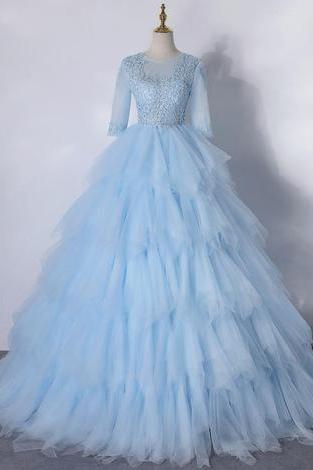 Light Blue Layers Tulle With Lace Princess Gown, Short Sleeves Ball Gown Sweet 16 Prom Dress ,pl1917