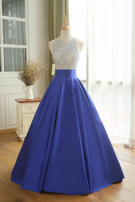 Royal Blue Satin Sequins Top Ball Gown Prom Dress, Blue Partydress Long Formal Dress,pl1932