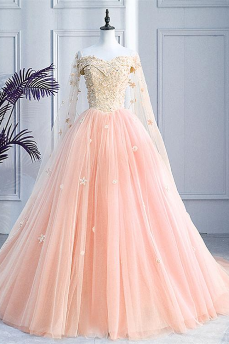 Pink Off Shoulder Tulle With Flowers Ball Gown Sweet 16 Dress, Pink Quinceanera Prom Dress,pl1935