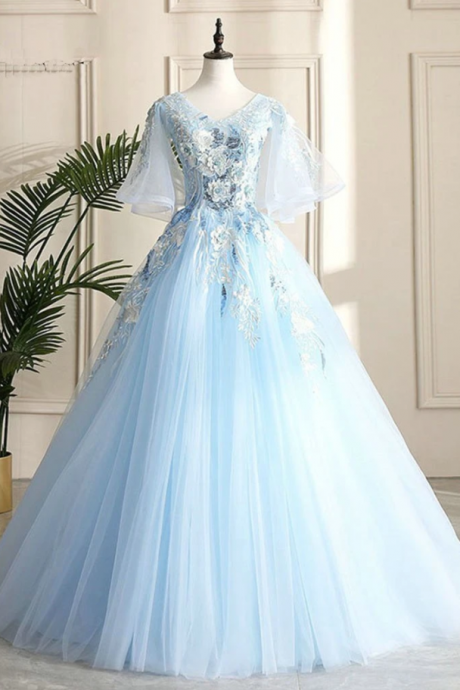 Floor Length Blue Evening Party Dress School V-neck Lace Flowers Lace-up Back Fashionable Long Prom Dress Ball Gown,pl1941