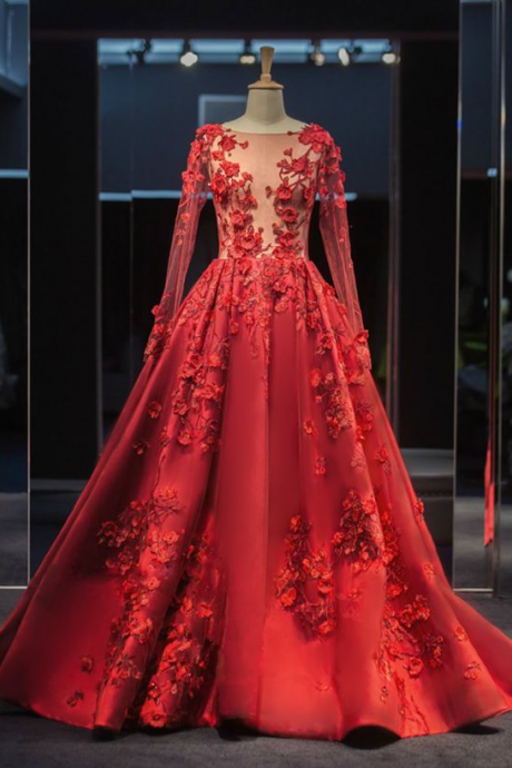 Long Sleeve Ball Gowns Robe De Bal Longue Illusion Hand Made Tulle Back Tail Prom Dresses,pl1942