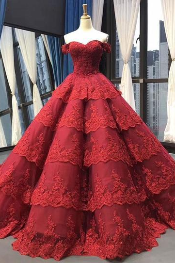 Sweetheart Burgundy Lace Sweep Train Layered Ball Gown, Prom Dress With Sleeves,pl1955