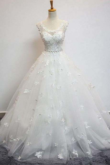 Charming Wedding Dress,appliques Wedding Gown,o-neck Prom Dress,ball Gown Prom Gown ,pl1985